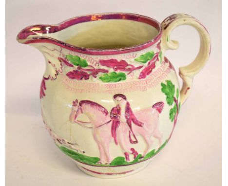 19th century lustre jug decorated with a gentleman by his horse and hunting scenes in pink lustre and green enamel 