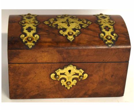 Wooden box with applied brass ornament and internally with two dividers as a caddy 