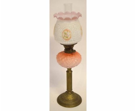 Brass Oil Lamp with White Floral Decorated Shade and Brass Mount