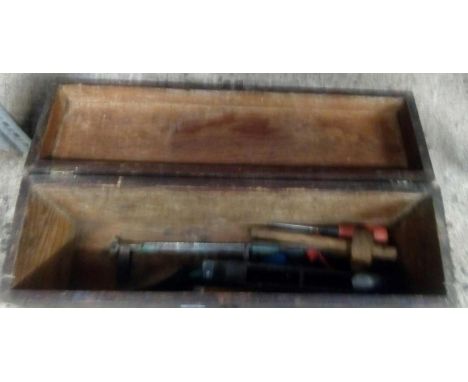 OBLONG WOODEN TOOL BOX WITH CONTENTS