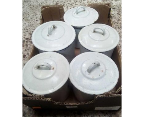 FIVE WHITE ENAMEL VINTAGE KITCHEN CANS, TEA, COFFEE ETC