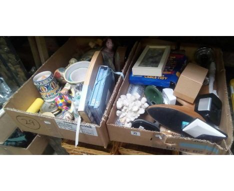 TWO CARTON OF MIXED BRIC-A-BRAC INCL; CANDLES STICKS, TEN, VASES, EGG TIMER &amp; A ANEROID BAROMETER