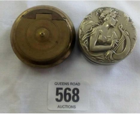 A VICTORIAN BRASS SNIFF BOX &amp; AN ART NOUVEAU E.R JAR &amp; COVER