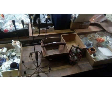 TWO METAL CANDLE HOLDERS - 1 SIX BRANCH &amp; 1 FIVE BRANCH, A BARGE WARE STORM LANTERN, A WOODEN TRUG  VINTAGE CHEDDAR CHEES