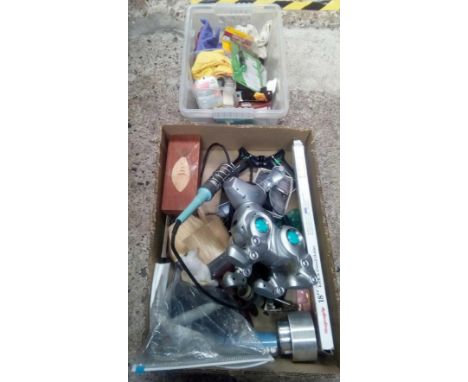 TWO CARTONS OF CRAFT ITEMS INCL; POLISHES, ENGRAVERS, BLACK &amp; DECKER POWER TOOL, SOLDERING IRON &amp; GREY PLASTIC WALKIN