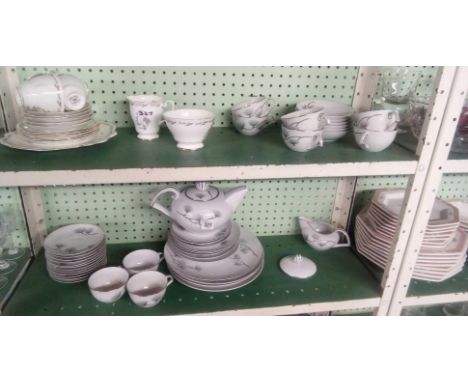TWO SHELVES OF STYLISH NARUMI CHINESE ART DECO STYLE TEA WARE &amp; OTHER BONE CHINA