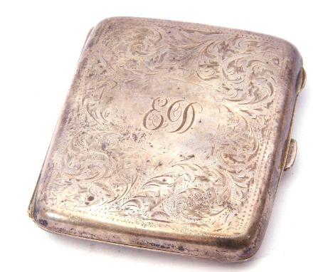 George V silver cigarette case of shaped rectangular form with central monogram, chased and engraved back and front floral de