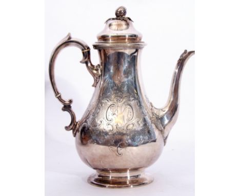 Victorian silver plate coffee pot, circa 1850, engraved scroll detail, acorn finial, capped scroll handle to a spreading foot