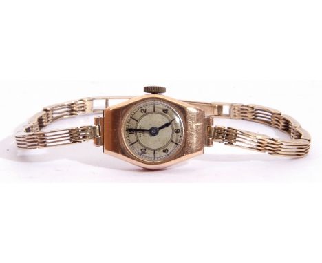Ladies second quarter of 20th century 9ct gold cased wrist watch with Swiss movement, having blued steel hands to a silvered 