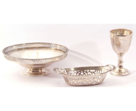 Mixed lot (3).  George V small Tazza of circular form with a pierced gallery border on a pedestal base, hall marked London 19