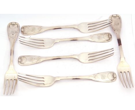 Six Scottish antique silver table forks, shell &amp; thread pattern, each fork has a stylised initial to the handle.  Engrave