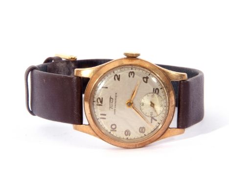 Second quarter of 20th century mid-sized 9ct gold cased Tissot anti-magnetique wrist watch with gold hands to a silvered dial
