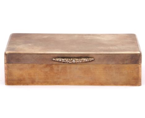 Asprey's silver gilt table cigarette Box of rectangular form, top and sides with engine turned decoration, applied garland th