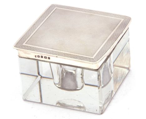 Art Deco silver &amp; glass inkwell, the hinged lid with engine turned decoration to a plain polished collar, diameter 8 cm, 