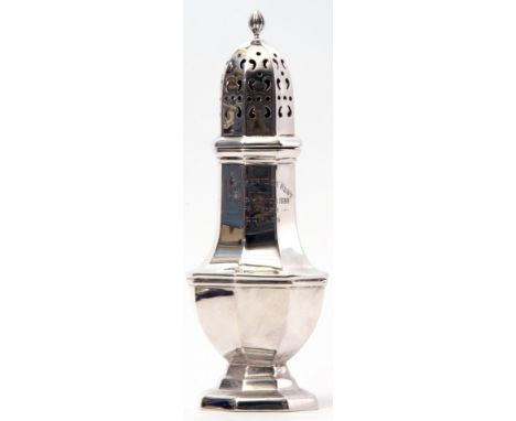George VI baluster sugar caster of octagonal form, the panelled domed lid pierced and with a ribbon finial, bears Dog Show pr
