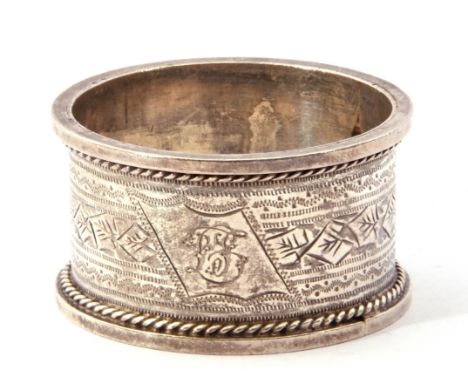 Cased late Victorian Silver Serviette Ring chased and engraved with a geometric design and a monogrammed cartouche, hall mark