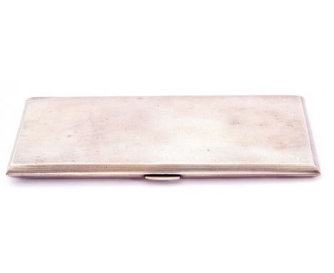 Mid 20 century large silver cigarette case of rectangular form with engine turned decoration, push clasp and full length hing