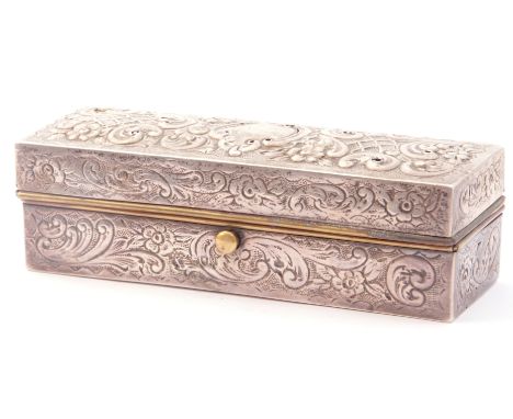 Victorian silver on metal curling tongs box of rectangular form, embossed and chased with scrolls, flowers etc, fitted interi