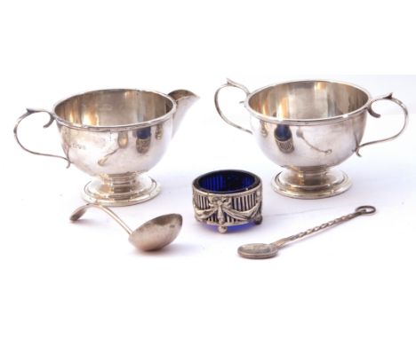 Mixed lot (5).  George V silver cream jug and twin handled sugar bowl of circular form with beaded edges, hall marked Chester