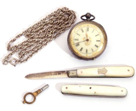 Mixed Lot: last quarter of 19th century ladies white metal cased fob watch with blued steel and gold hands to a cream dial wi