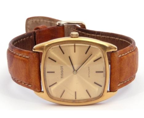Vintage Tissot stylised quartz wrist watch, 30mm square dial, brushed gold finish with black contrasting hands and applied ho