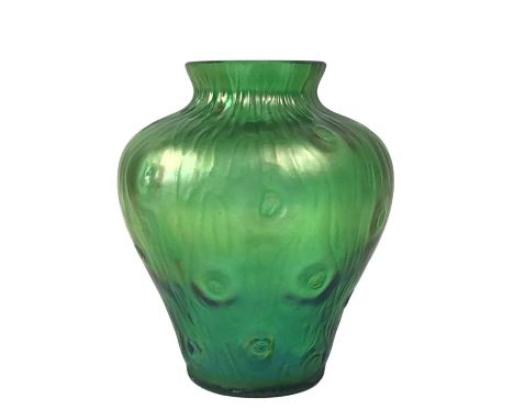 GREEN IRIDESCENT VASE, in the style of Loetz16cm high