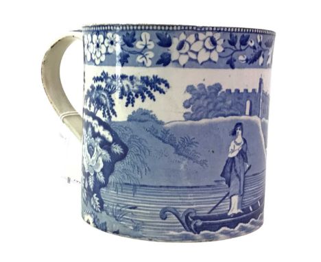 LARGE BLUE AND WHITE MUG, 19TH CENTURY  depicting a lake and castle scene12cm high