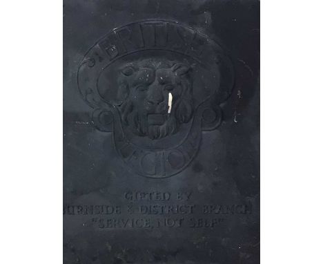 SIX CAST IRON EXTERIOR WALL TRADE PLATES, including two house plates, Ian Scott Thomson House, British Legion, Burnside, Glas