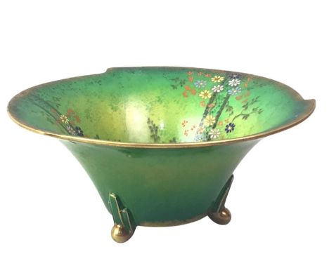 CROWN DEVON FOOTED BOWL, of tapered form, decorated with flowers, on a green ground, bearing marks to base10cm high 