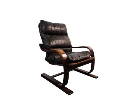 MID CENTURY CANTILEVER BENTWOOD CHAIR, with brown leather upholstery with President labelFrame good overall condition with so