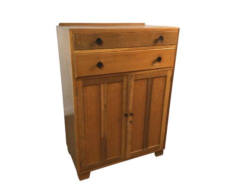 LIGHT OAK TALLBOY, fitted with two drawers over two doors with circular metal handles117cm high, 84cm wide