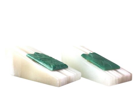 PAIR OF ART DECO STYLE ALABASTER BOOKENDS, each set with jade style rectangular plaque17cm long 