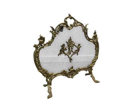 BRASS ROCOCO STYLE FIRE SCREEN, ALONG WITH A COMPANION SET the fire screen inset with mesh, along with a four piece fireside 
