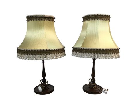 PAIR OF MAHOGANY CANDLESTICK TABLE LAMPS, with baluster shaped columns and circular bases, with fabric shades69cm high to top