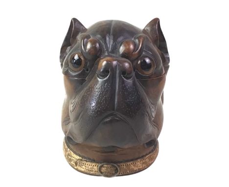 NOVELTY CARVED WOODEN DOG HEAD INKWELL, with hinged lid12cm high