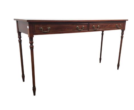 REPRODUCTION INLAID MAHOGANY CONSOLE TABLE, fitted with side by side drawers with cast metal handles84cm high, 160cm wide