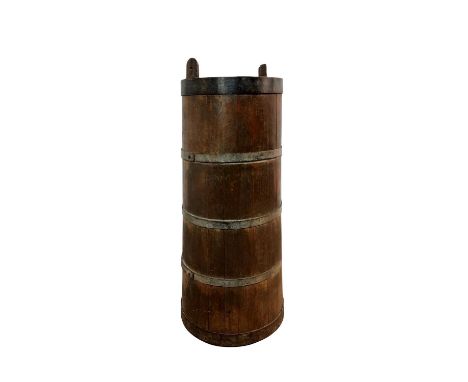 OAK AND METAL BOUND BUTTER CHURN, with five metal bands82cm high