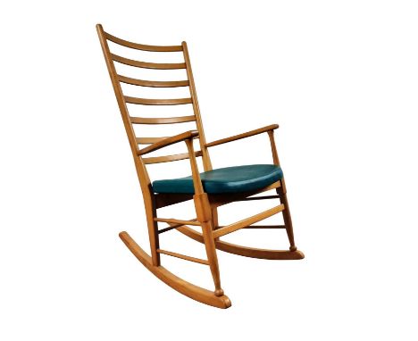 MID CENTURY BEECH ROCKING CHAIR, with ladder back and turquoise vinyl seat