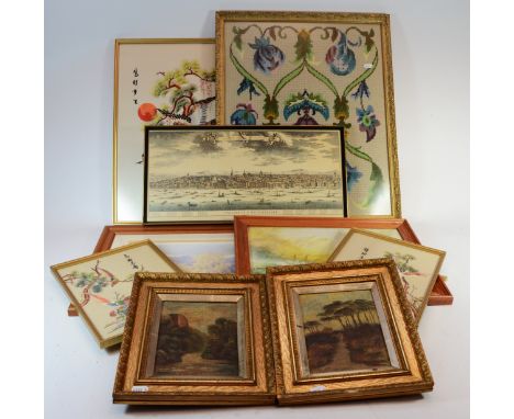 A quantity of pictures and prints along with two framed mirrors. Also, two teddy bears and a tea caddy. 