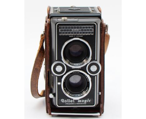 A mid 20th century Franke and Heidecke Rollei Magic medium format TLR camera, Xenar 75mm F3.5 lens, with leather Rollei carry