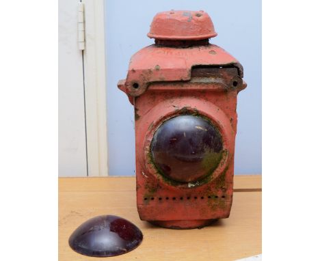 A two aspect painted cast iron LNER railway crossing gate lamp, stamped Lamp Manufacturing Railway Supplier London, Patent No