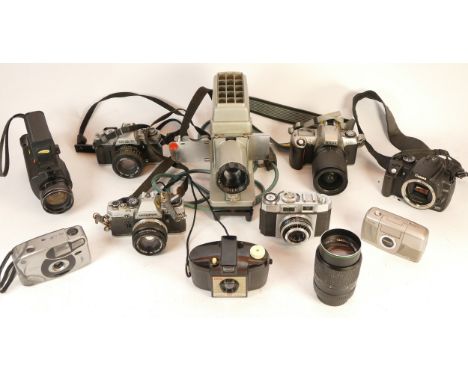 A collection of mixed cameras and accessories to include a Prinz 300, a Canon EOS 350D, three compact cameras and three vinta