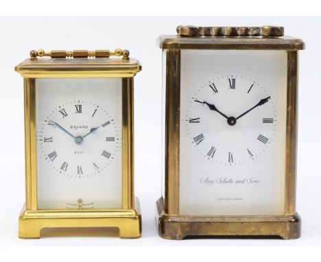 A 20th century West German brass carriage clock, having enamelled dial with Roman numerals, the 8 day jewelled movement strik