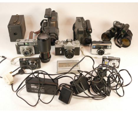 A collection of mixed cameras and accessories to include two video camcorders, four digital compact cameras and a Zenit B vin