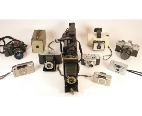 A collection of mixed cameras and accessories to include a Brownie box camera, a video camcorder, five compact film cameras a