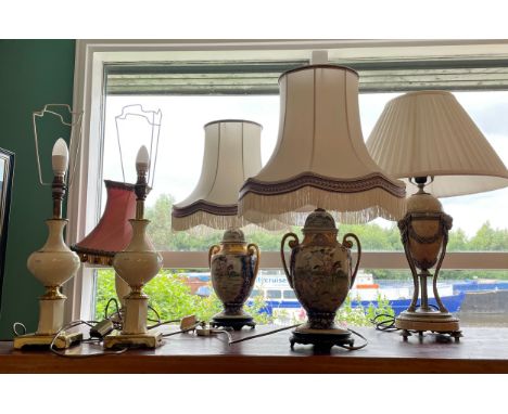 A selection of six modern table lamps, including a pair of oriental ceramic examples with shades. (6) 