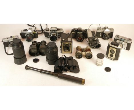 A collection of mixed cameras and accessories to include an Olympus Trip 35, a Brownie box camera, a video camcorder and five
