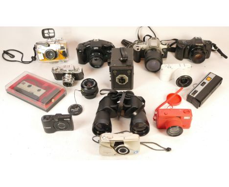 A collection of mixed cameras and accessories to include a Conway box camera, five compact film cameras and four vintage film