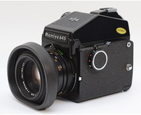 A Mamiya M645J medium format film camera, serial number J113213, complete with fitted prism finder and a Mamiya Sekor C 80mm 