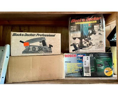 Black and Decker router, Black and Decker sander, Bosch all purpose saw, also a Wolf power sander. 